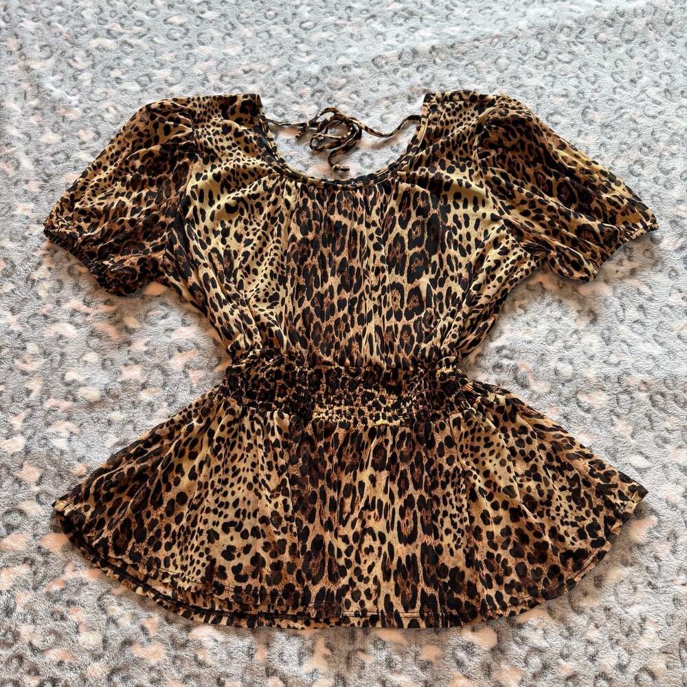 A Love Story Leopard Print Smocked Peplum Top Puff Sleeve Size XL
